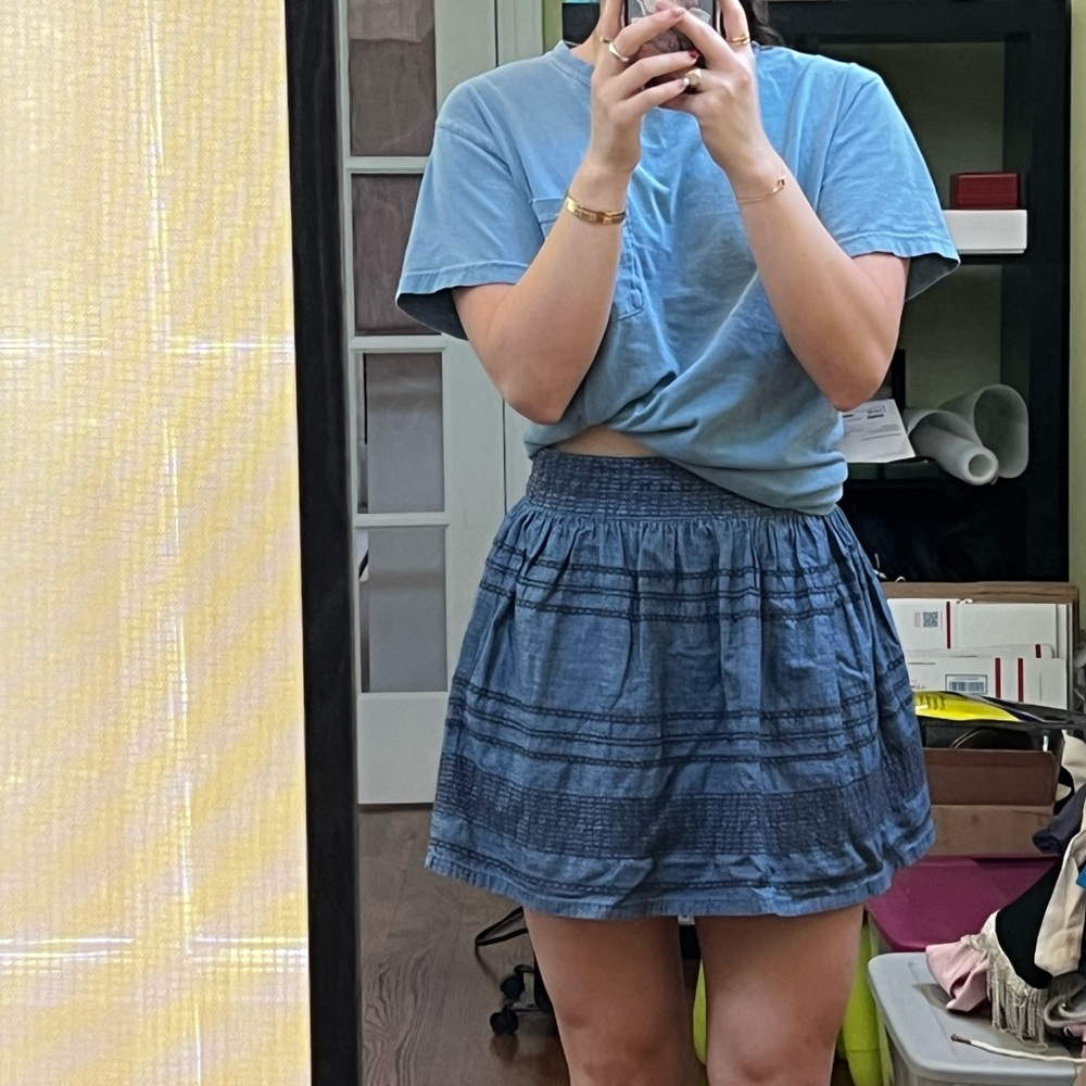 Adorable navy denim embroidered flare skirt